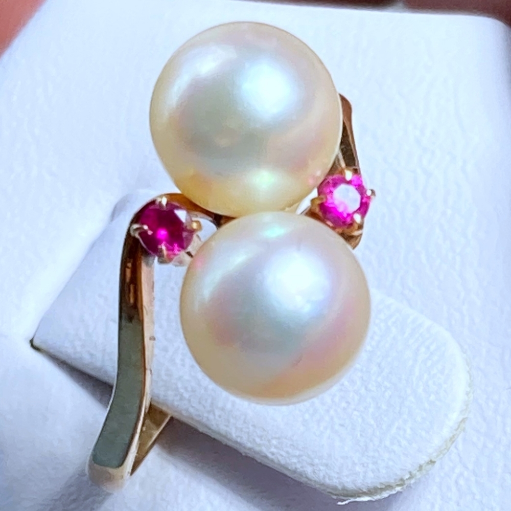 14K Japanese Cultured Pearl, Burmese Ruby Ring